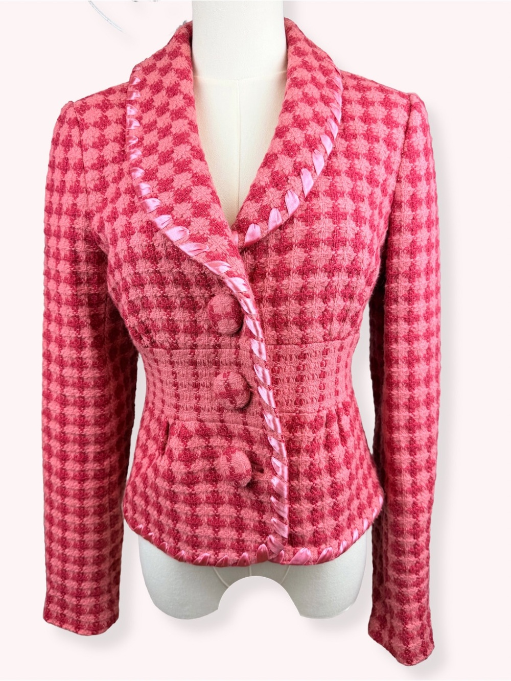 VTG Y2K Kenzie Girl Pink Houndstooth Cropped Blazer Jacket Tweed Peplum Medium